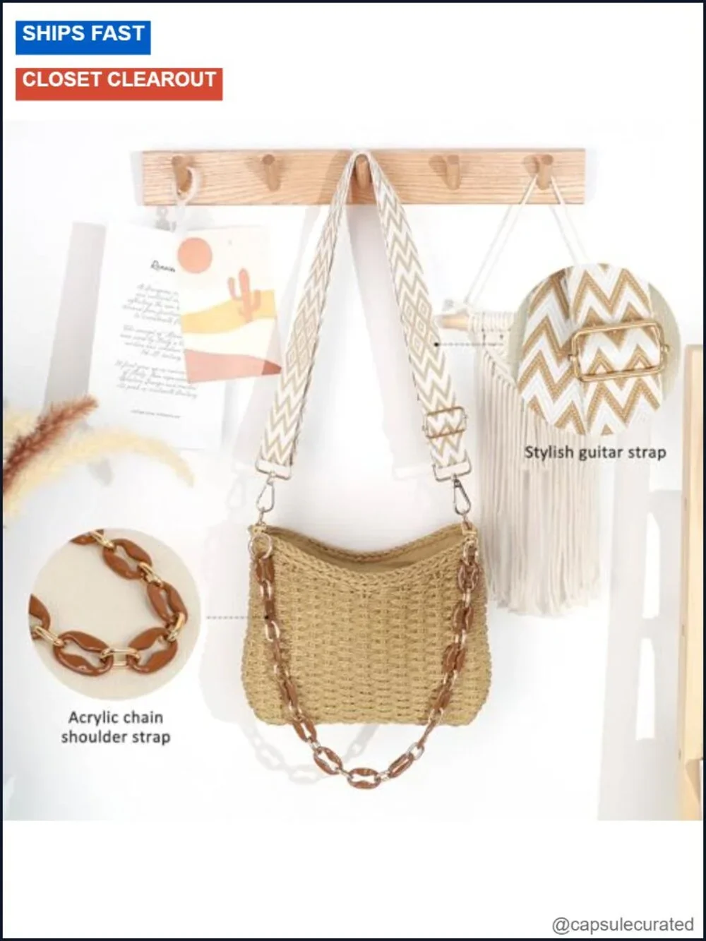 Natural Straw Woven Hobo Crossbody Bag with Chain and Removable Straps